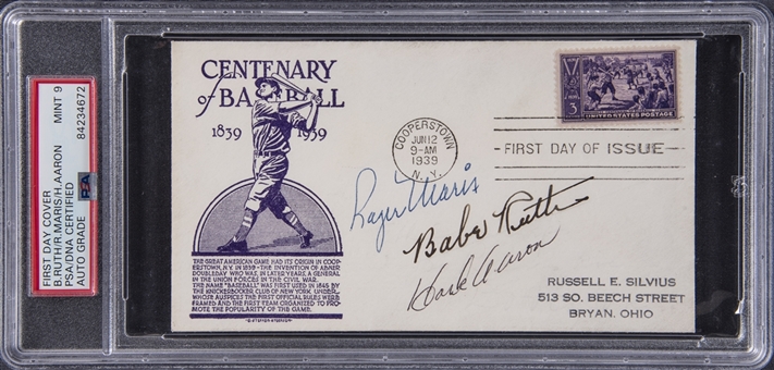 Babe Ruth, Hank Aaron, & Roger Maris Triple Signed First Day Cover - Only Known Example of the Trio! - PSA/DNA MINT 9